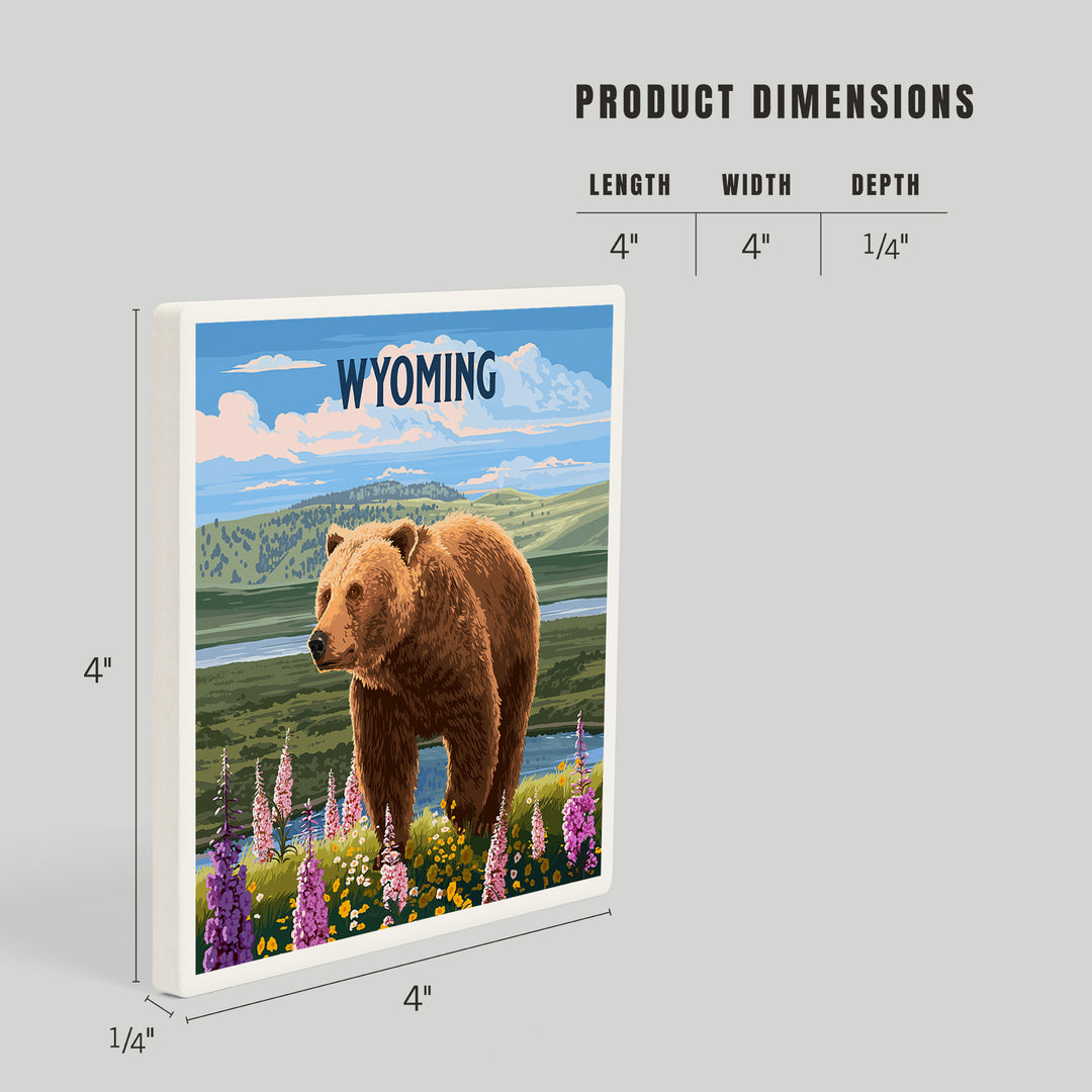 Wyoming, Painterly, Grizzly Bear in Meadow, Coasters