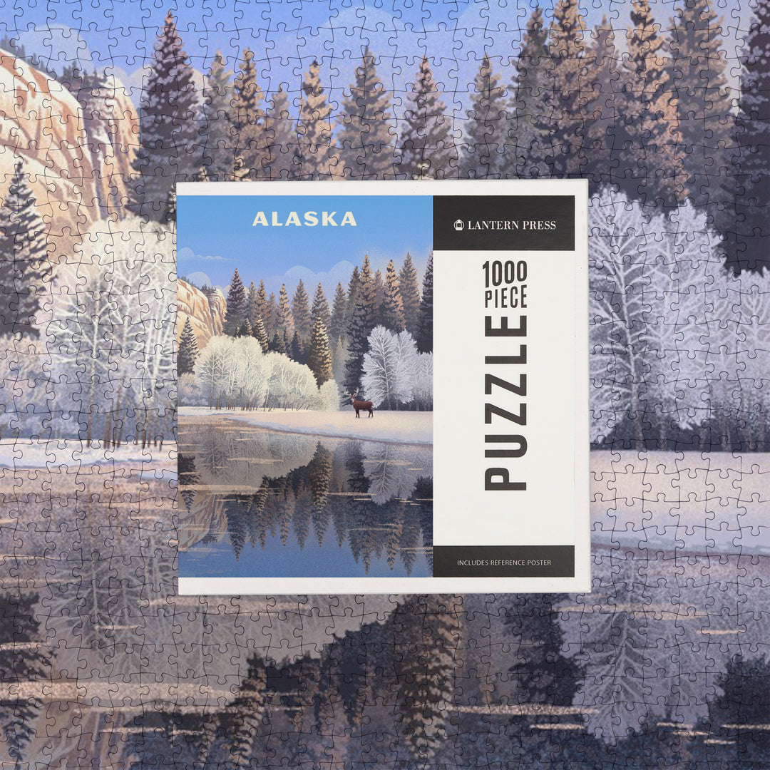 Alaska, Lithograph, Lone Deer By Snowy Lake, Jigsaw Puzzle