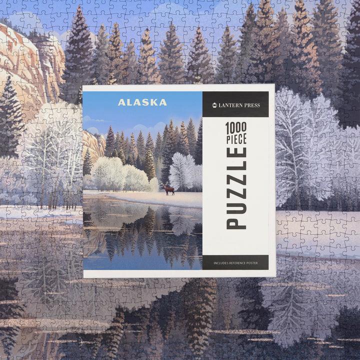 Alaska, Lithograph, Lone Deer By Snowy Lake, Jigsaw Puzzle