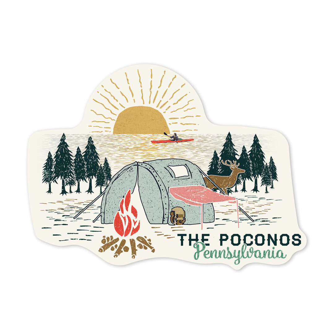Poconos, Pennsylvania, Happy Camper, Tent, Distressed Vector Shape, Vinyl Sticker