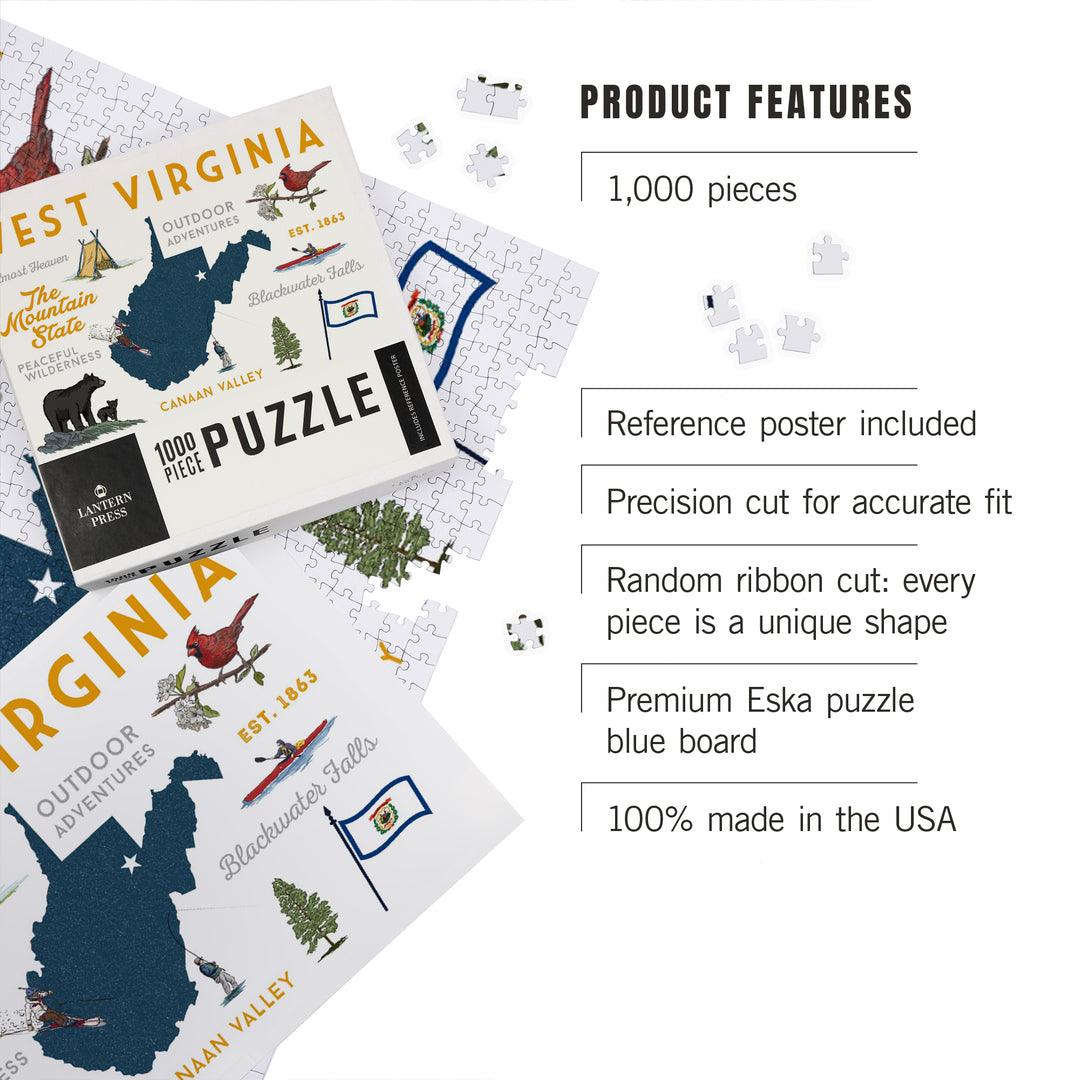 West Virginia, The Mountain State, Typography and Icons, 1000 Piece Jigsaw Puzzle