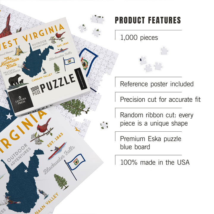 West Virginia, The Mountain State, Typography and Icons, 1000 Piece Jigsaw Puzzle