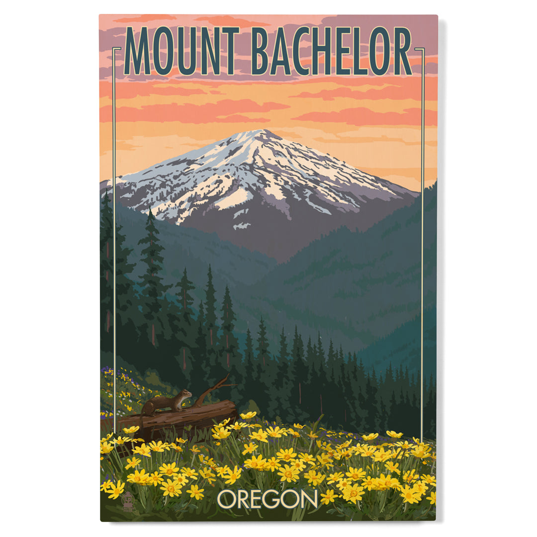 Mt. Bachelor, Oregon, Pine Martin and Flowers, Lantern Press Artwork, Wood Signs and Postcards
