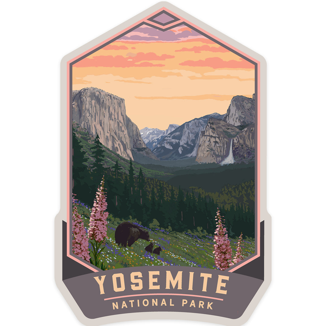 Yosemite National Park, California, Bear and Cubs with Flowers, Contour, Vinyl Sticker