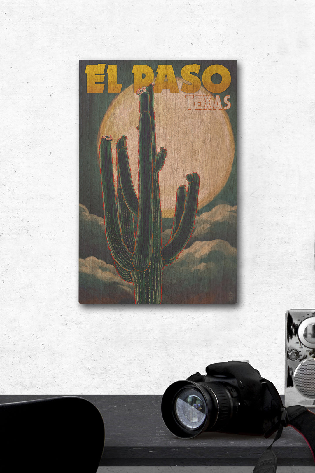 El Paso, Texas, Cactus & Full Moon, Lantern Press Artwork, Wood Signs and Postcards