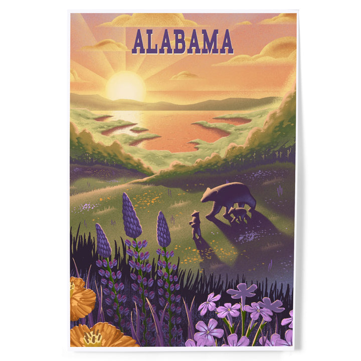Alabama, Lithograph, Bear and Spring Flowers, Lake, Art & Giclee Prints