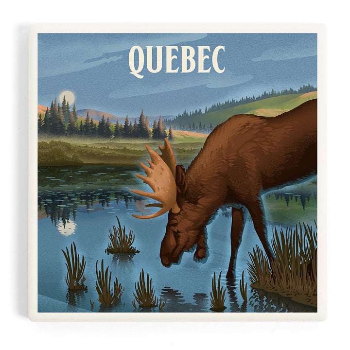 Quebec, Lithograph, Reflection Pond and Bull Moose, Coasters