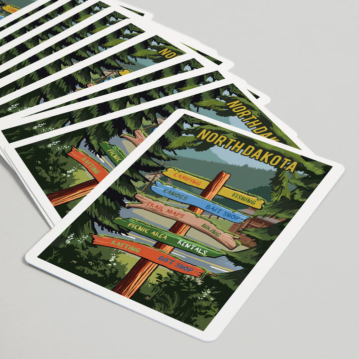 Playing Cards, North Dakota, Signpost, Forest and Camp, 52 Card Deck with Jokers in Box, Unique Art