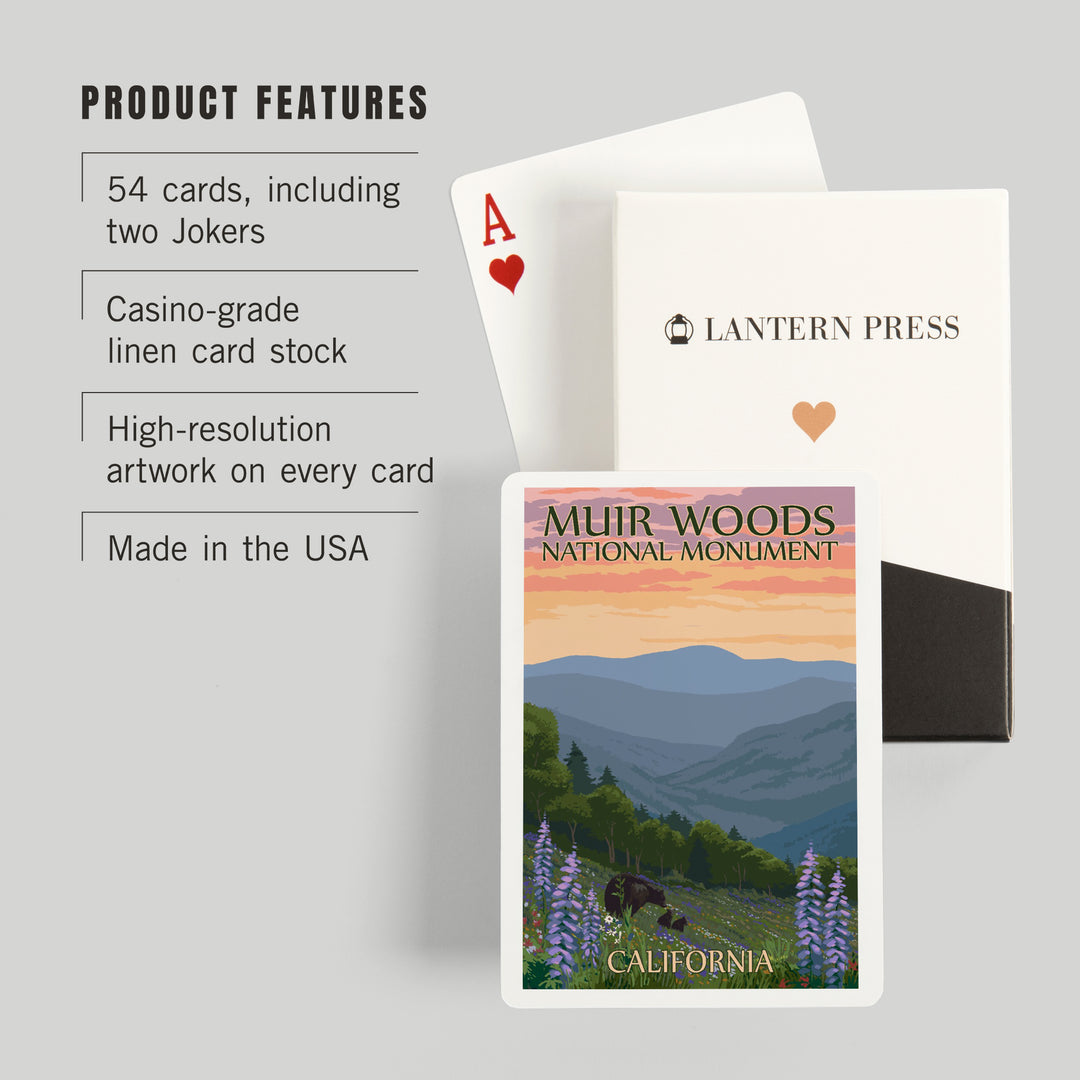Playing Cards, Muir Woods National Monument, California, Bear and Spring Flowers, 52 Card Deck with Jokers in Box, Unique Art