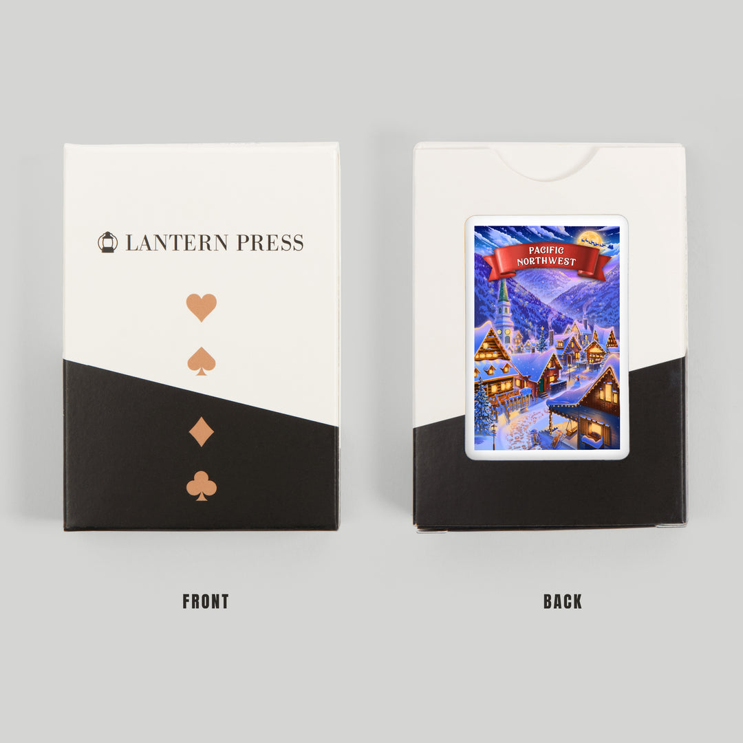 Playing Cards, Pacific Northwest, Sleepy Winter Village, 52 Card Deck with Jokers in Box, Unique Art