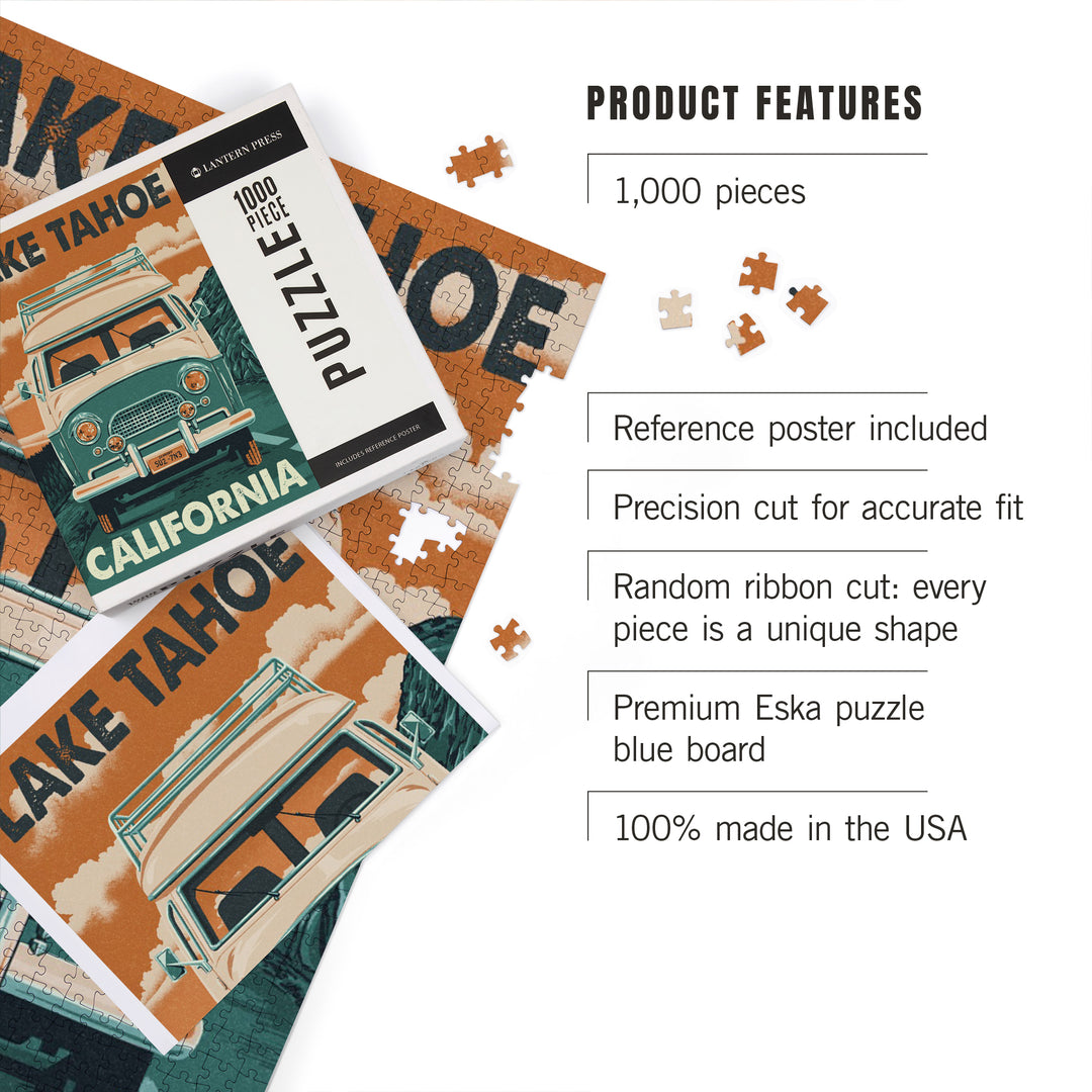 Lake Tahoe, California, Letterpress, Camper Van, Jigsaw Puzzle