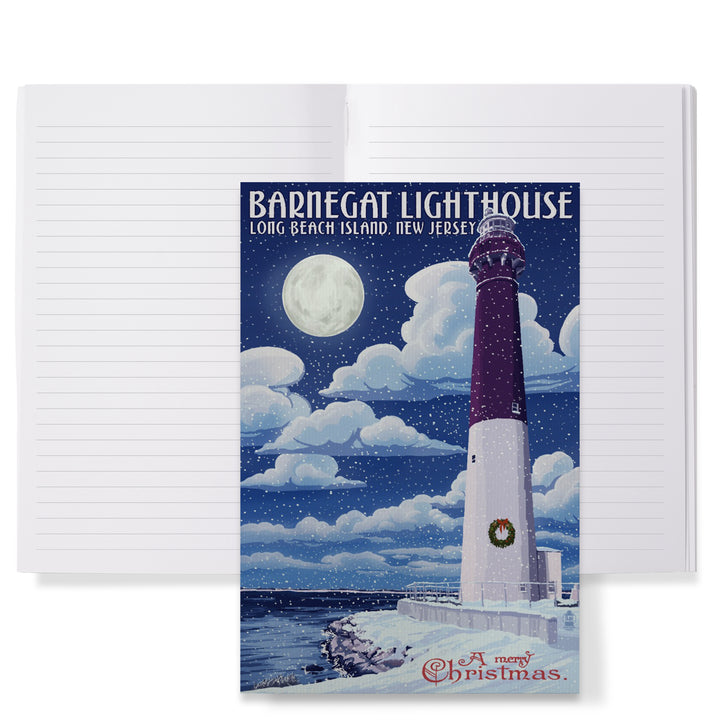 Lined 6x9 Journal, Long Beach Island, New Jersey, Barnegat Lighthouse Christmas Scene, Lay Flat, 193 Pages, FSC paper