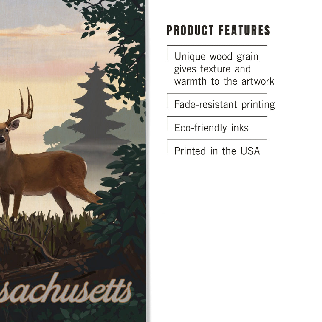 Massachusetts, Painterly, Deer and Sunrise, Wood Sign and Postcards