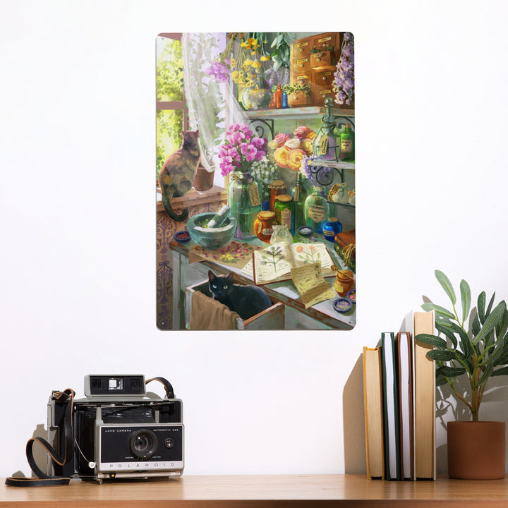 Garden Apothecary, With Cat, Oil Painting, 12x18 Metal Sign