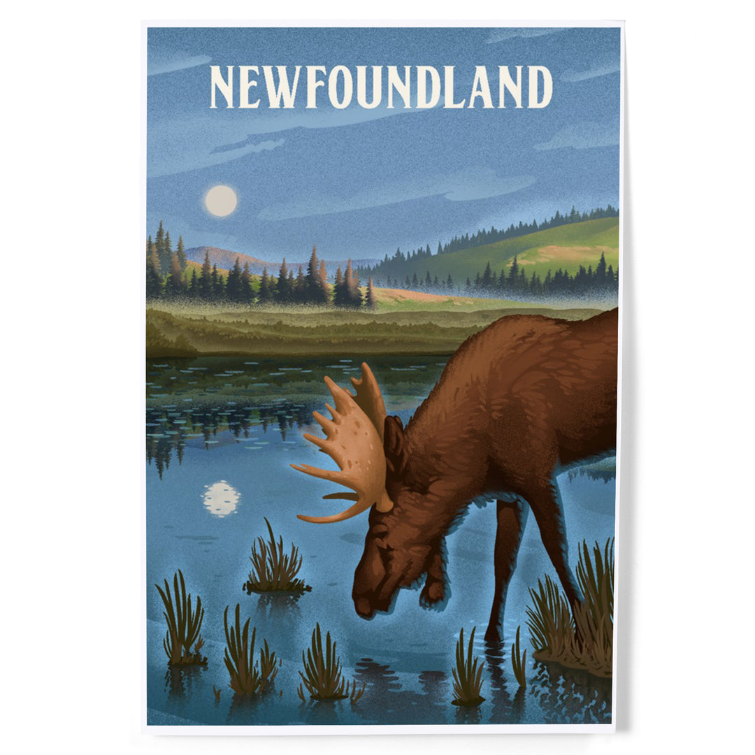 Newfoundland, Lithograph, Reflection Pond and Bull Moose art prints, metal signs