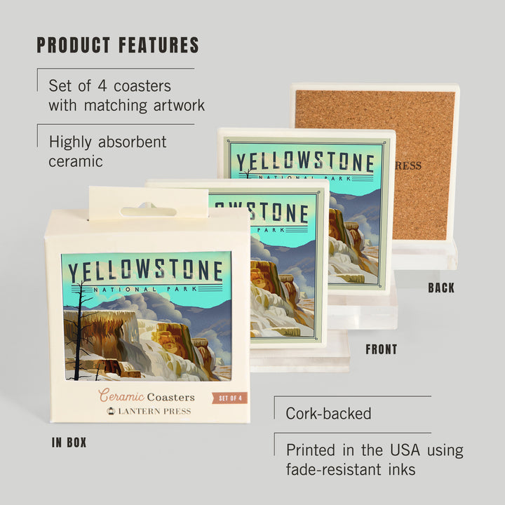 Yellowstone National Park, Mammoth Hot Springs, Lithograph National Park Series, Coasters