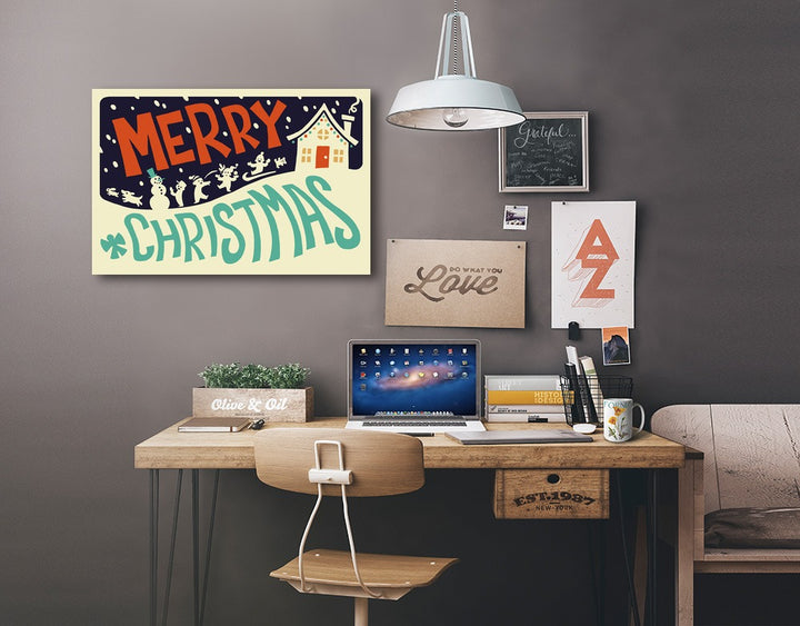 Merry Christmas House, Retro Christmas, Lantern Press Artwork, Stretched Canvas
