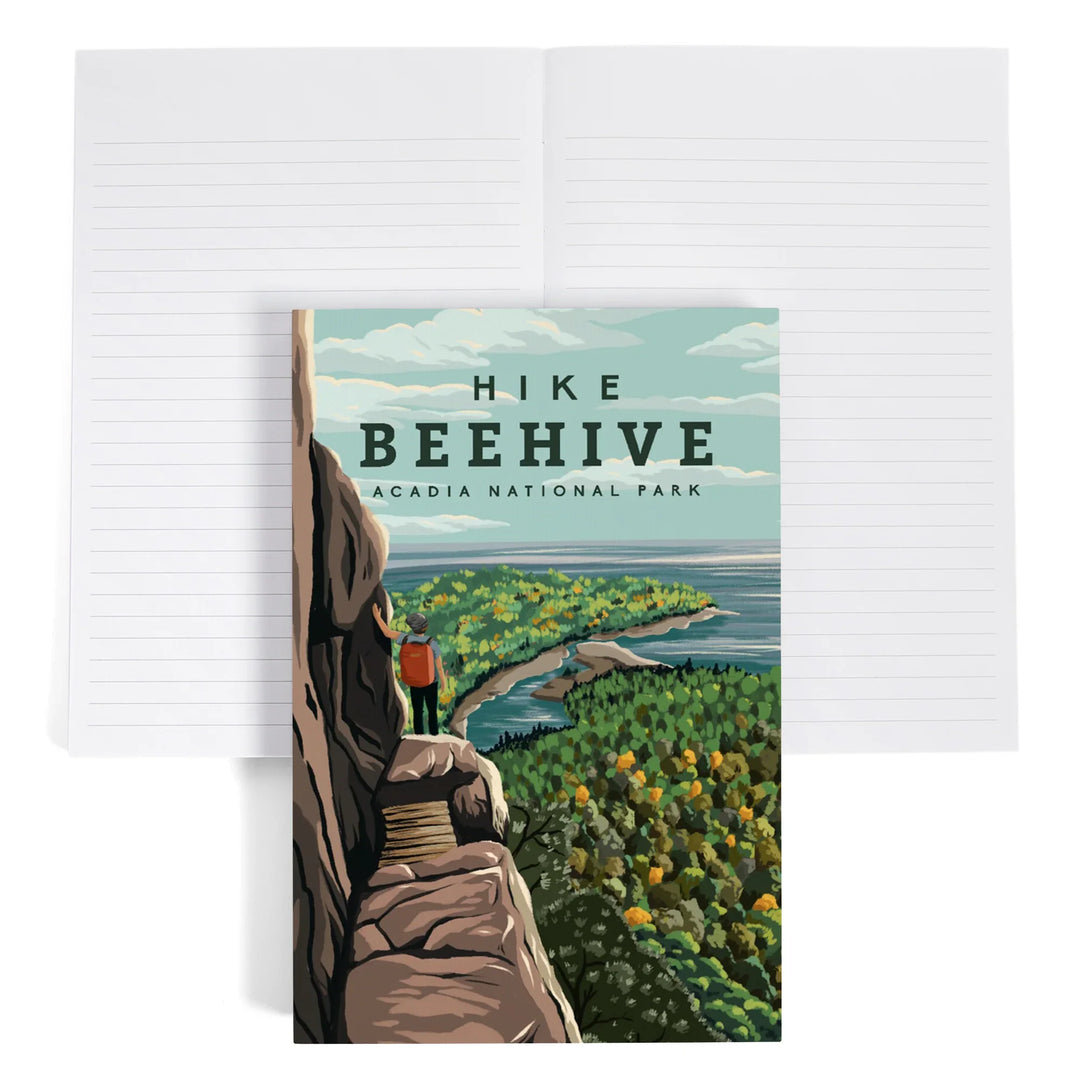 Lined 6x9 Journal, Acadia National Park, Maine, Hike Beehive, Summer, Illustration, Lay Flat, 193 Pages, FSC paper