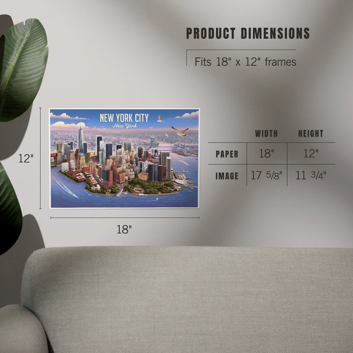 New York City, New York, Lithograph, Lower Manhattan, Art & Giclee Prints