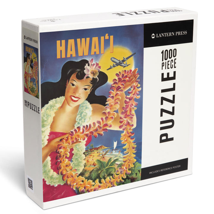 Hawaii, Vintage Beach and Lei, Jigsaw Puzzle