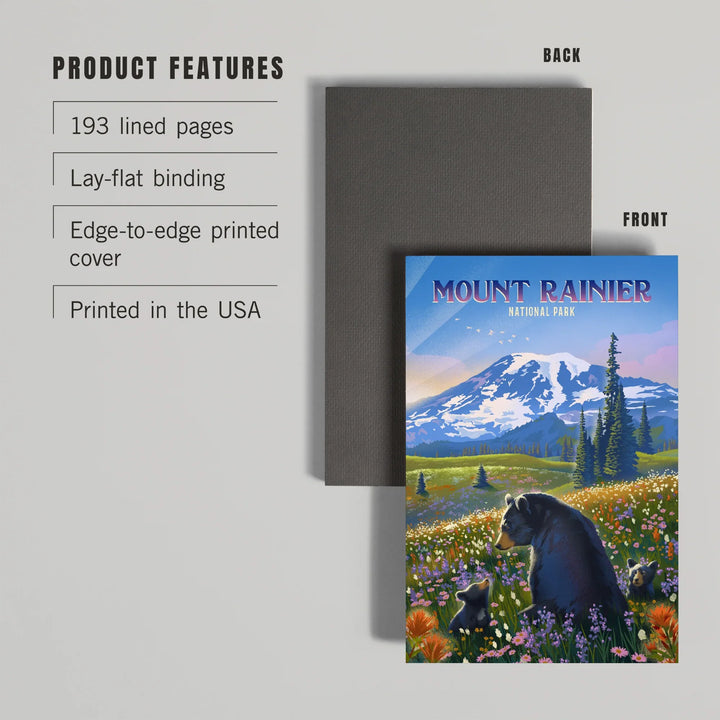 Lined 6x9 Journal, Mount Rainier National Park, Washington, Painterly, Bear Family in Field, Lay Flat, 193 Pages, FSC paper