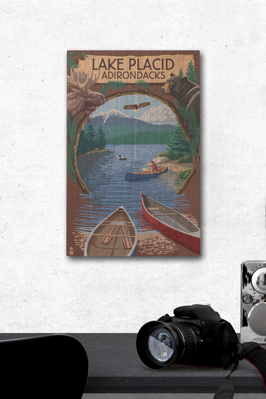 Lake Placid, New York, Adirondacks Canoe Scene, Lantern Press Artwork, Wood Signs and Postcards