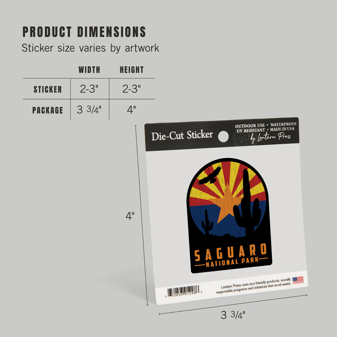 Saguaro National Park, Arizona, Cactus and State Flag, Rustic, Contour, Vinyl Sticker