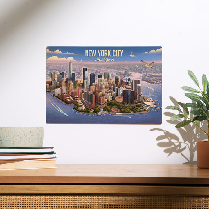 New York City, New York, Lithograph, Lower, Wood Sign and Postcards