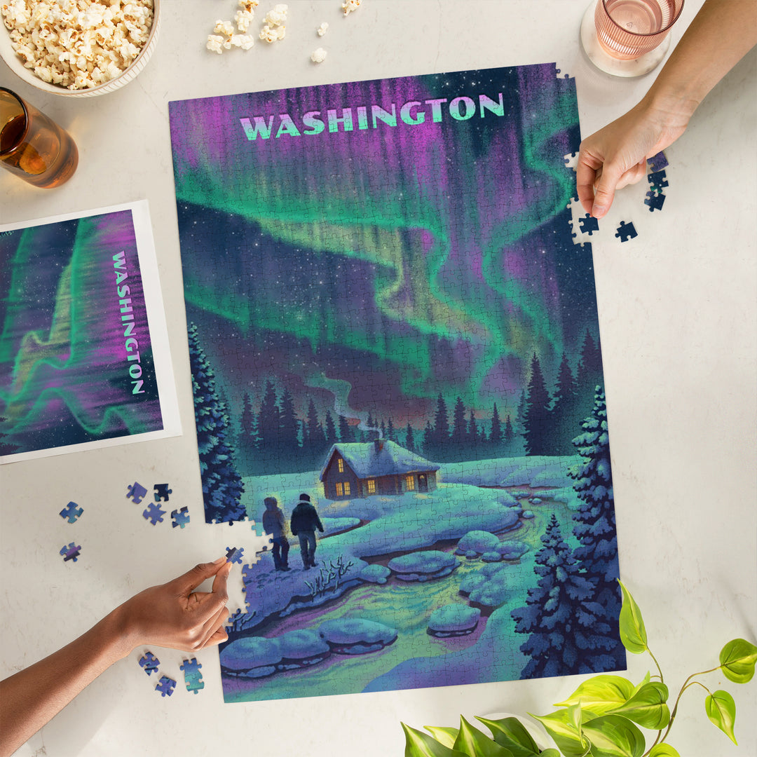 Washington, Northern Lights and Cabin, 1000 Piece Jigsaw Puzzle