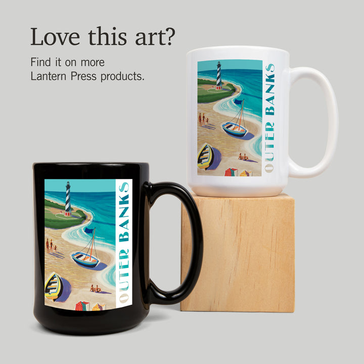 Outer Banks, North Carolina, Vintage Beach Scene, Lantern Press Artwork, Ceramic Mug