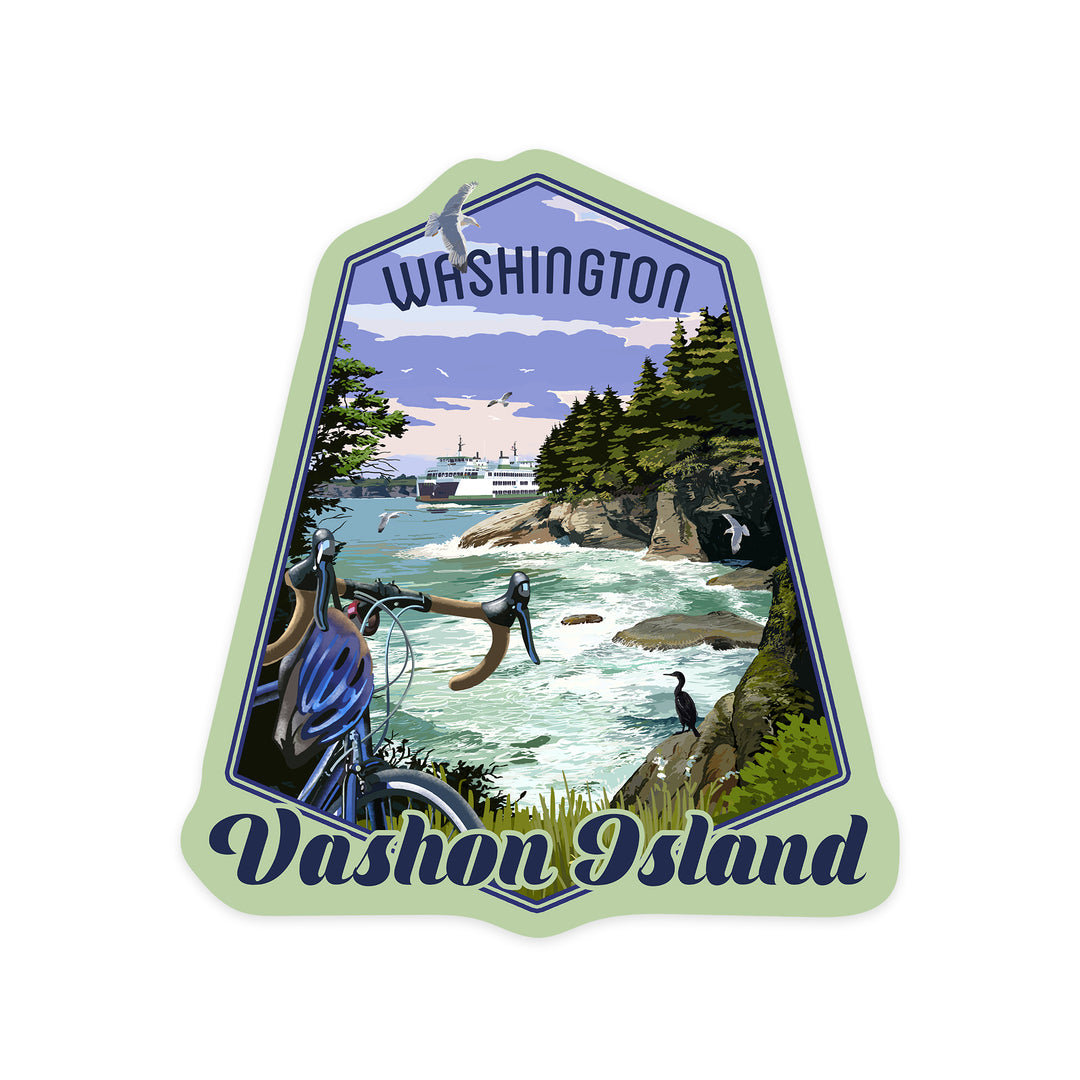 Vashon Island, Washington, Coastal Scene, Bike & Ferry, Contour, Lantern Press Artwork, Vinyl Sticker