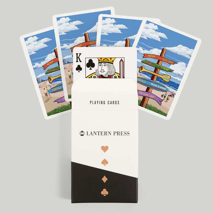 Playing Cards, Signpost, Coast Beach with Pier, 52 Card Deck with Jokers in Box, Unique Art