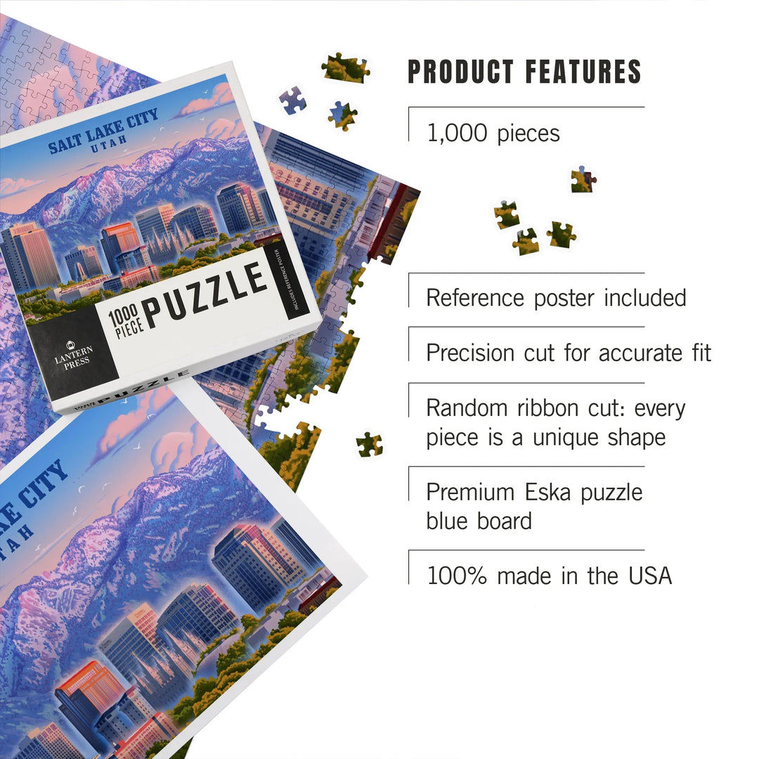 Salt Lake City, Utah, Lithograph, Skyline, 1000 Piece Jigsaw Puzzle