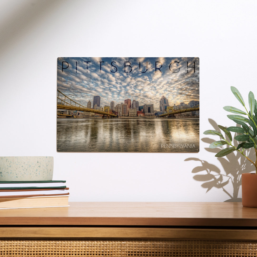 Pittsburgh, Pennsylvania, Skyline From the North, Wood Sign and Postcards