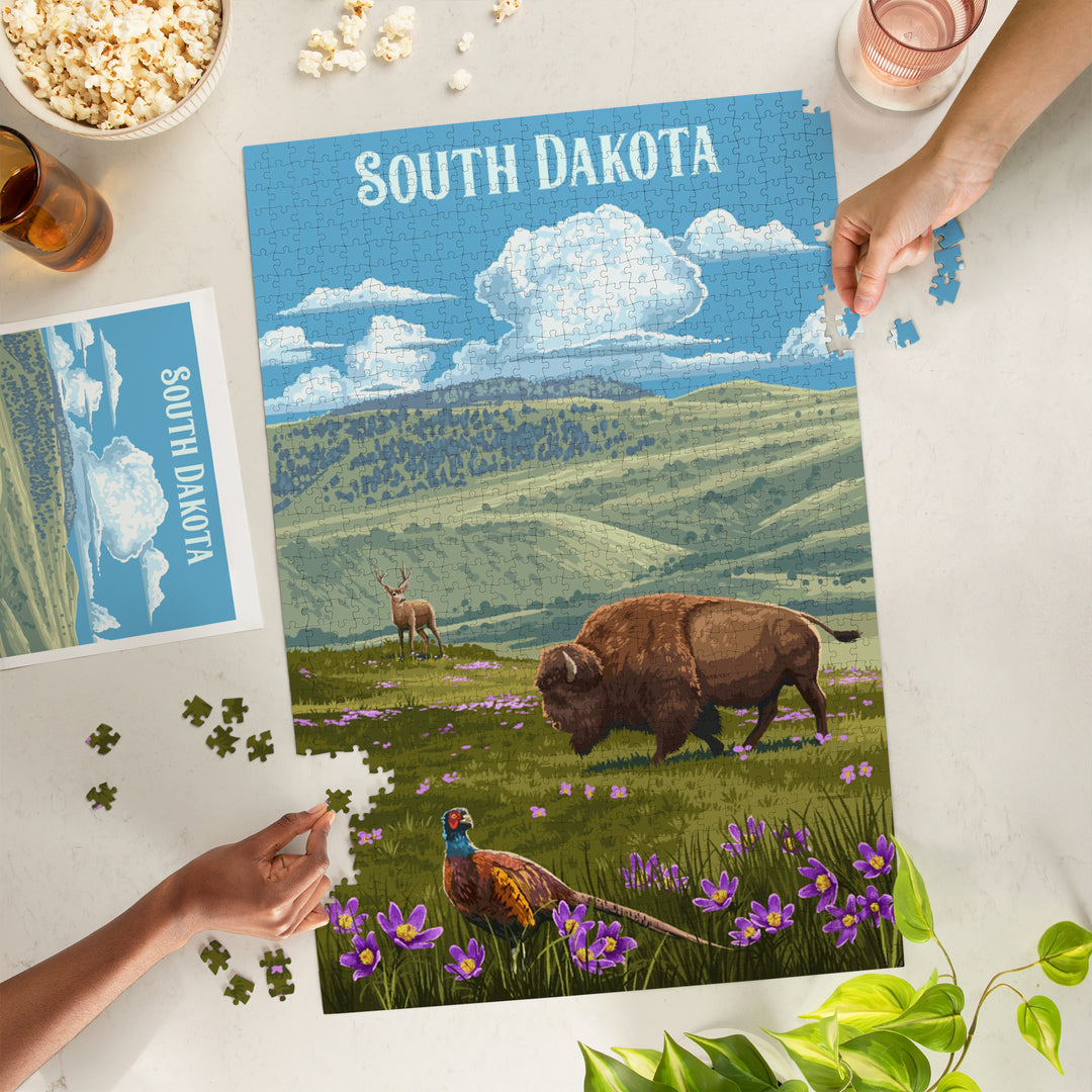 South Dakota, Painterly, Bison and Pheasant, 1000 Piece Jigsaw Puzzle