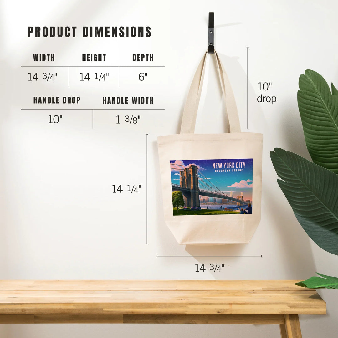 New York City, New York, Lithograph, Brooklyn Bridge at Dusk, Tote Bag