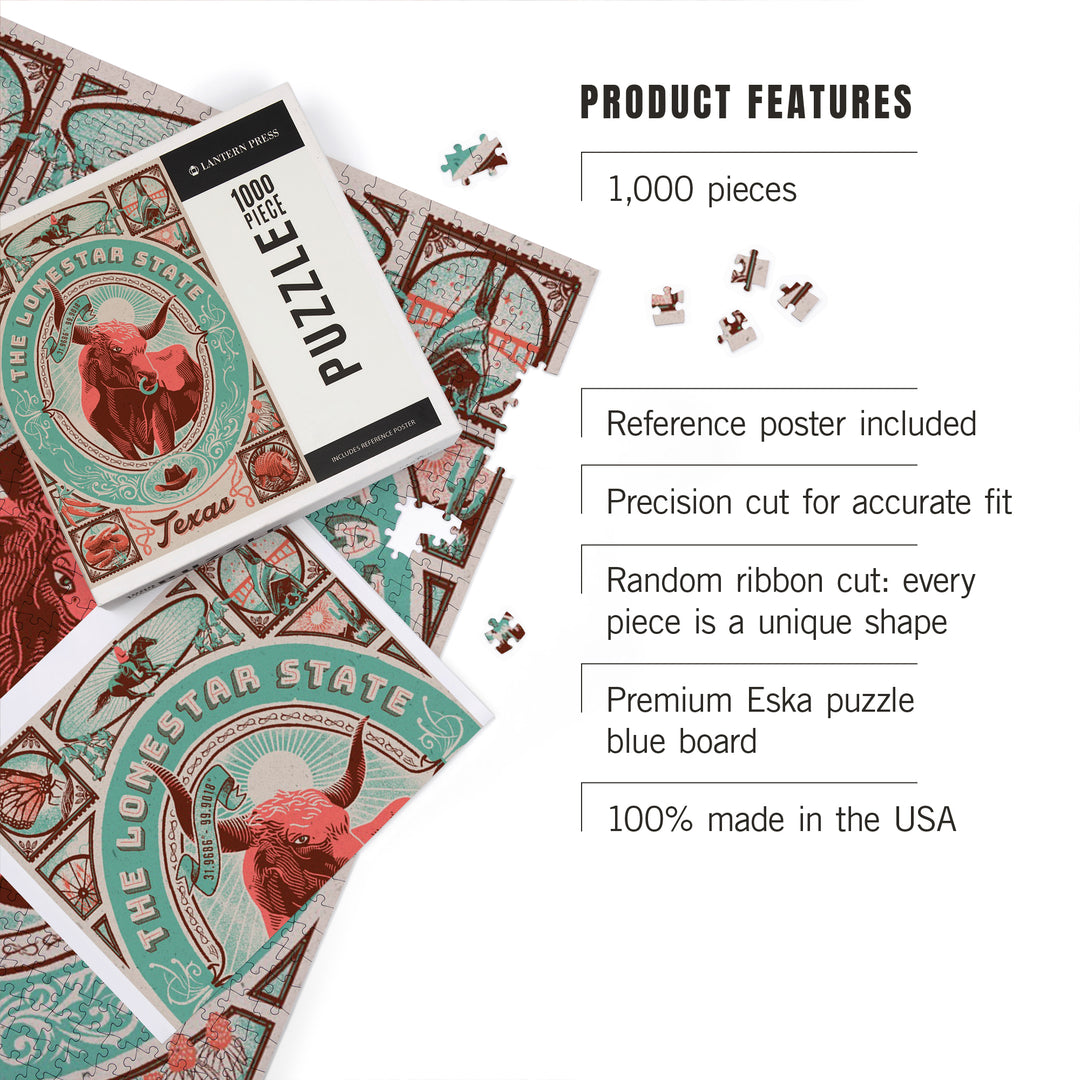 Texas, Woodcut Menagerie Series, The Lone Star State, 1000 Piece Jigsaw Puzzle