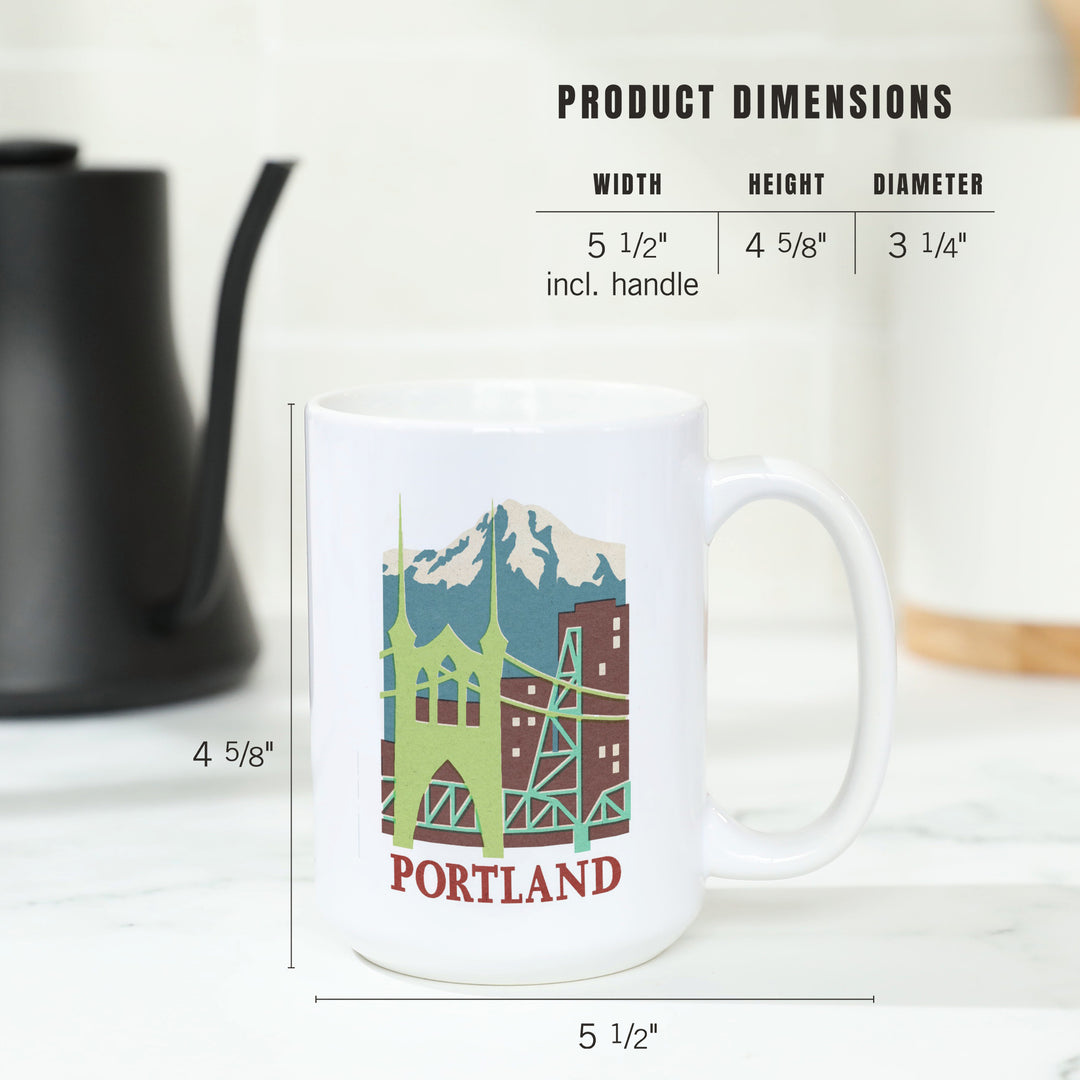 Portland, Oregon, Woodblock, Contour, Lantern Press Artwork, Ceramic Mug
