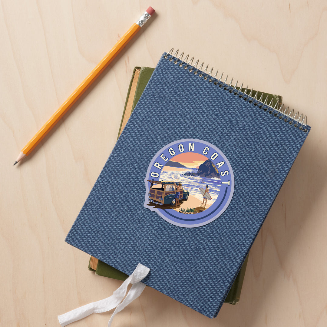 Oregon Coast, Woody with Haystack Rock, Vinyl Sticker