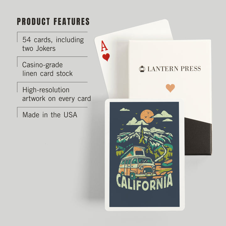 Playing Cards, California, Distressed, Camper Van in the Mountains, 52 Card Deck with Jokers in Box, Unique Art