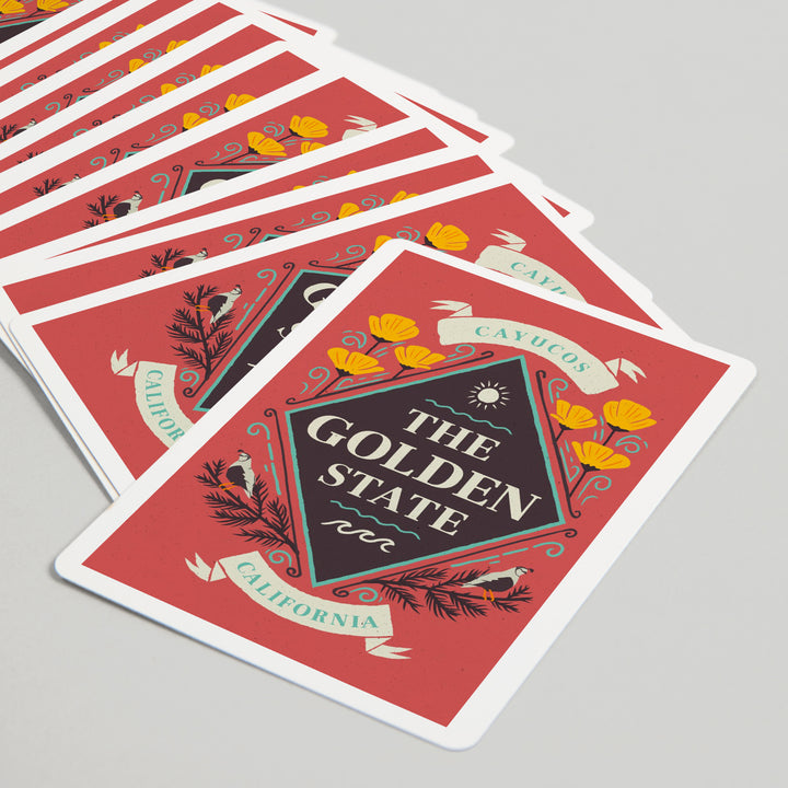 Playing Cards, Cayucos, California, State Motto Crest, State Series, 52 Card Deck with Jokers in Box, Unique Art