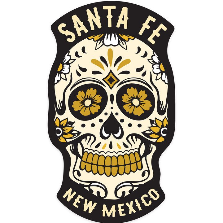 Santa Fe, New Mexico, Sugar Skull & Flower Pattern (Black & Gold), Contour, Lantern Press Artwork, Vinyl Sticker