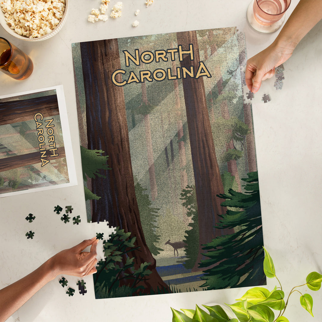 North Carolina, Lithograph, Deer in Forest, 1000 Piece Jigsaw Puzzle