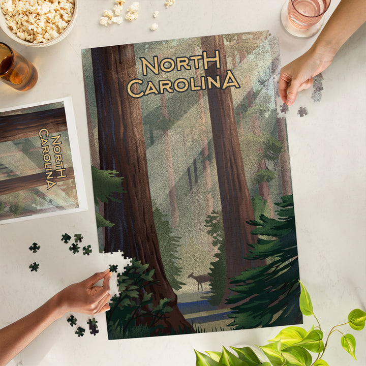 North Carolina, Lithograph, Deer in Forest, 1000 Piece Jigsaw Puzzle