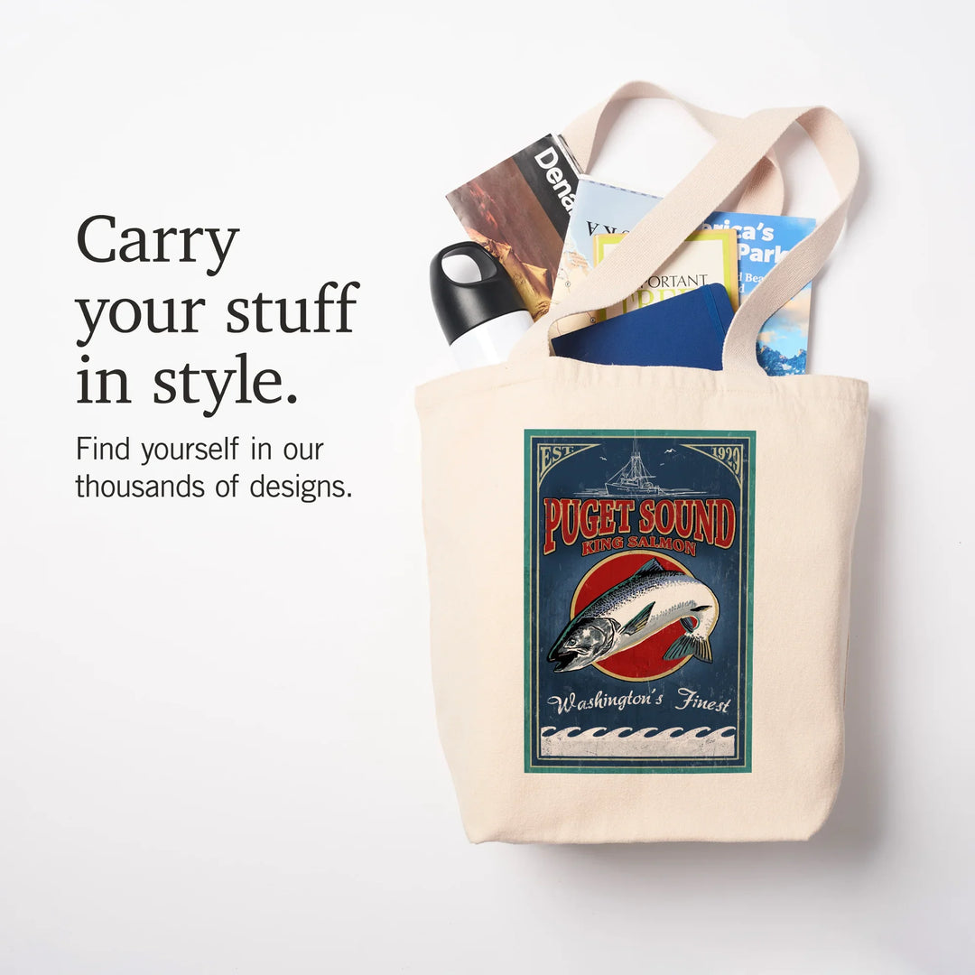 Puget Sound, Washington, Vintage Sign, King Salmon, Washington's Finest, Tote Bag