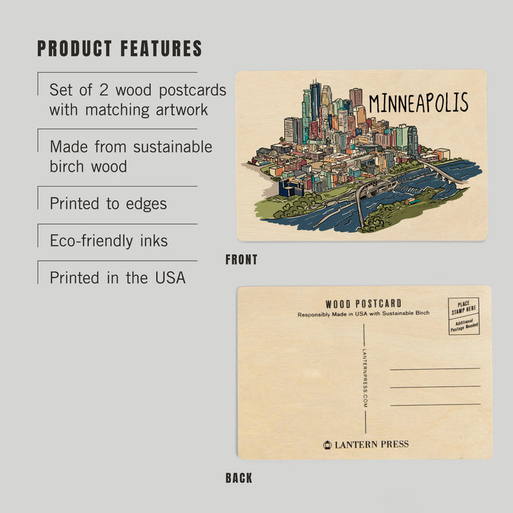 Minneapolis, Minnesota, Cityscape, Line Drawing, Wood Sign and Postcards