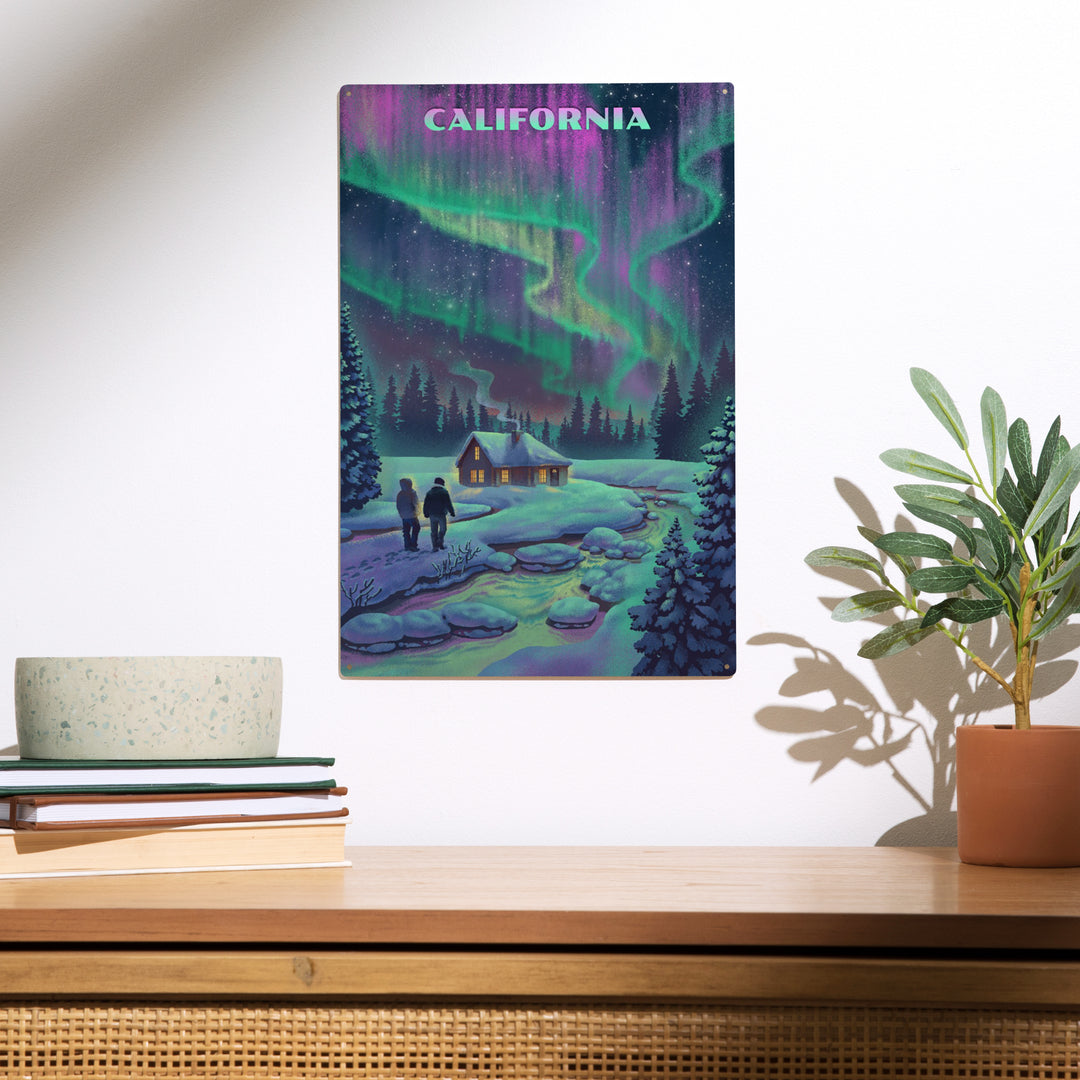California, Northern Lights and Cabin, Wood Sign and Postcards
