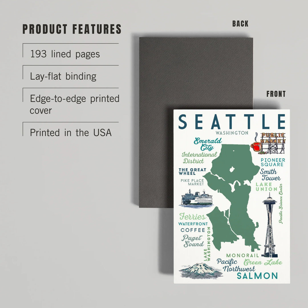 Lined 6x9 Journal, Seattle, Washington, Typography and Icons, Lay Flat, 193 Pages, FSC paper