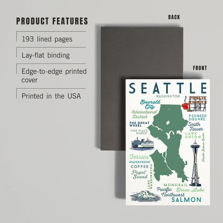 Lined 6x9 Journal, Seattle, Washington, Typography and Icons, Lay Flat, 193 Pages, FSC paper
