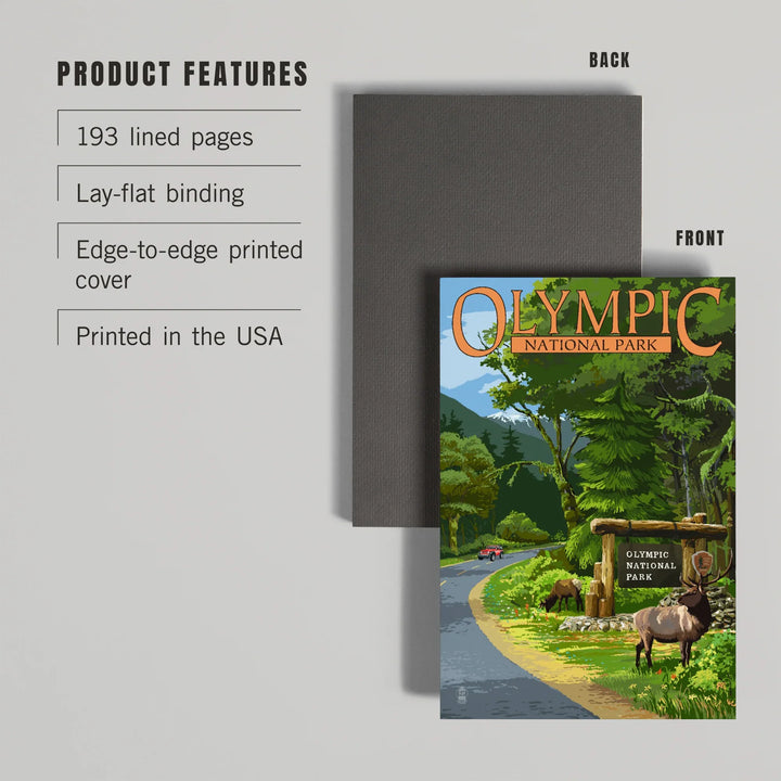 Lined 6x9 Journal, Olympic National Park, Washington, Park Entrance and Elk, SUV, Lay Flat, 193 Pages, FSC paper